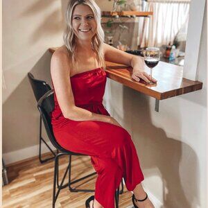 ZESICA Women's Red Strapless Belted Wide-Leg Jumpsuit Romper Pants sz Small NWT